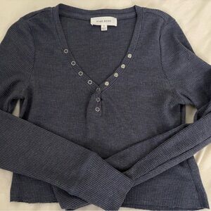 Pink Rose V-Neck Button-Up Sweater - Dark Blue